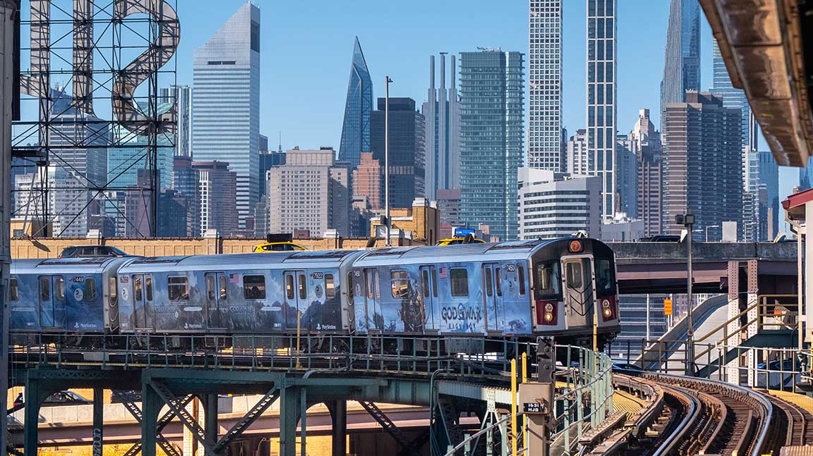 7 train wrapped in Sony Playstation God of War ads