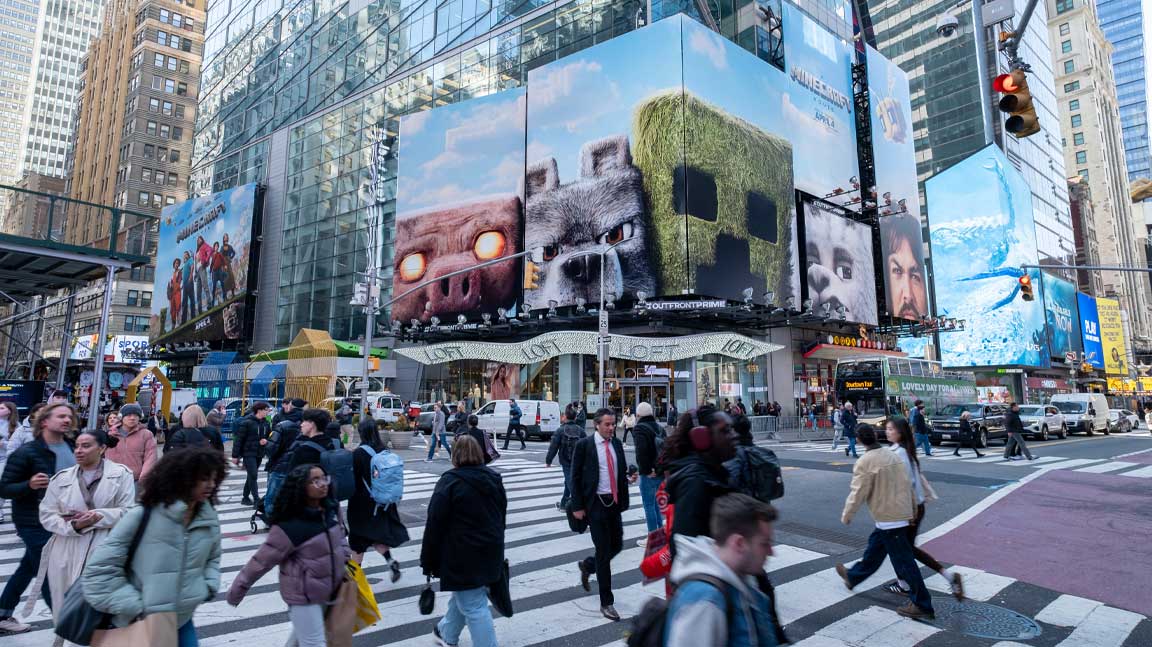 a minecraft movie billboard time square tower out of home advertising