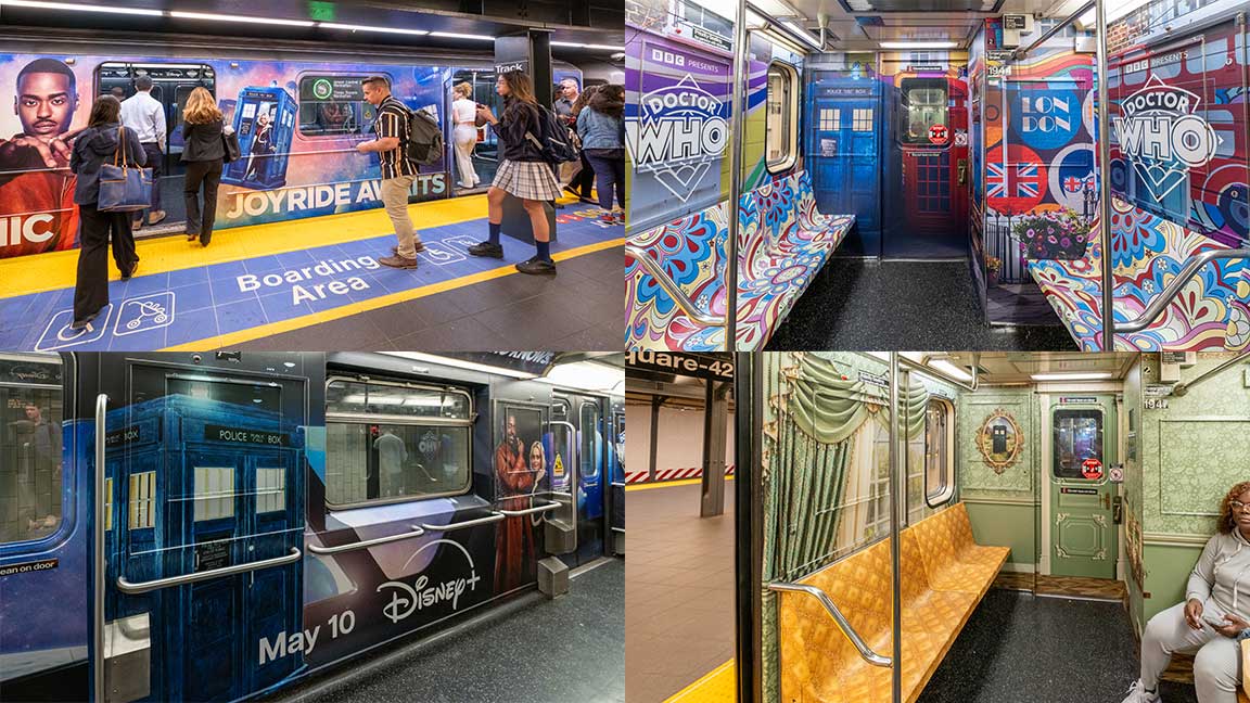 Composite of interior and exterior shots of Disney+ Doctor Who wrapped shuttle