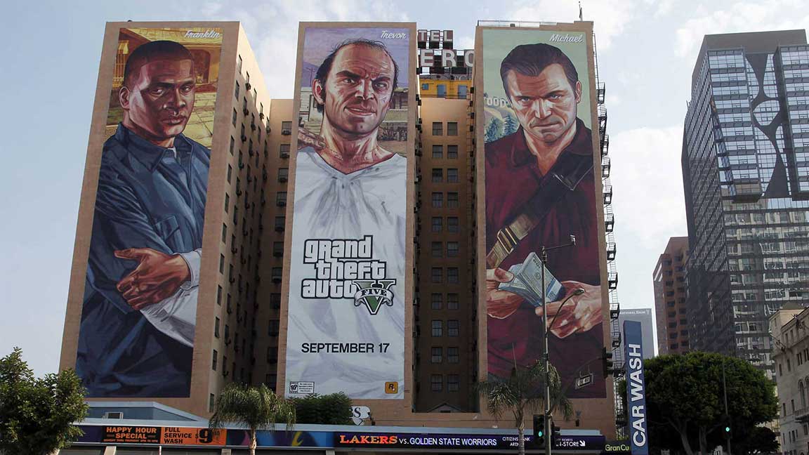 Franklin, Trevor, and Michael from GTA V on our Figueroa Hotel wallscape in Los Angeles, 2013