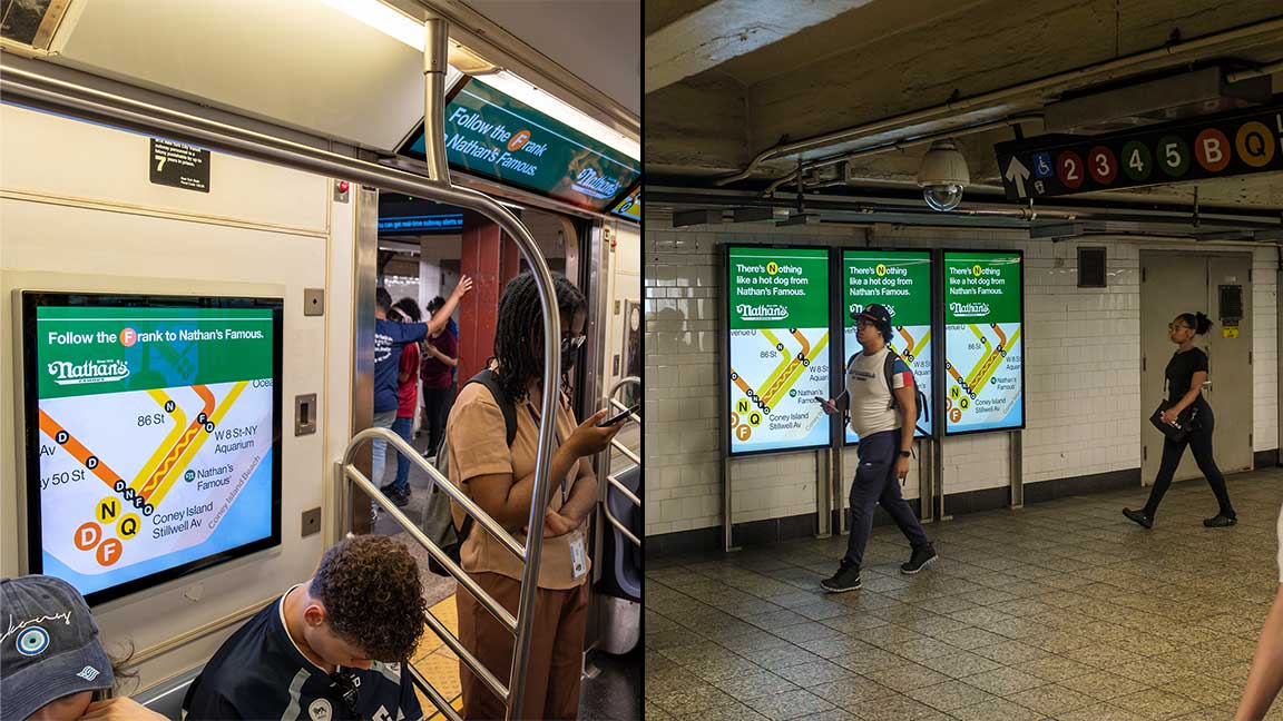 Nathan’s Famous NYC subway Digital Liveboard and Livecard MAX DOOH ads with contextually relevant messaging around the F and N line trains.