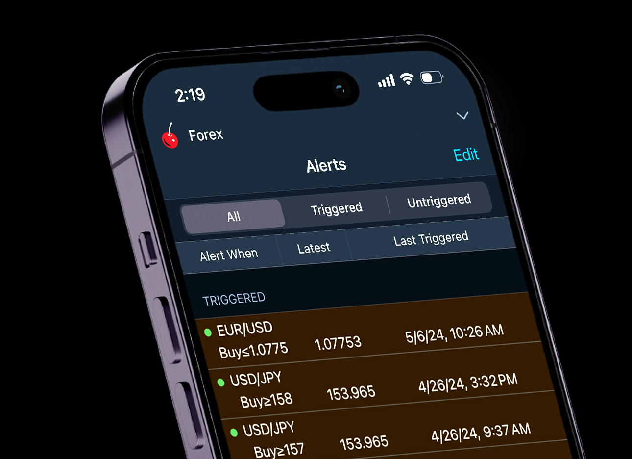 mobile phone with tastyfx platform and a hand and finger using the phone