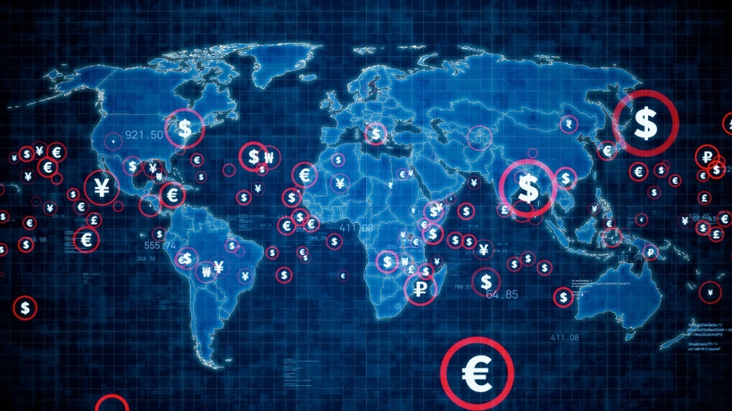 map of the world with currency symbols