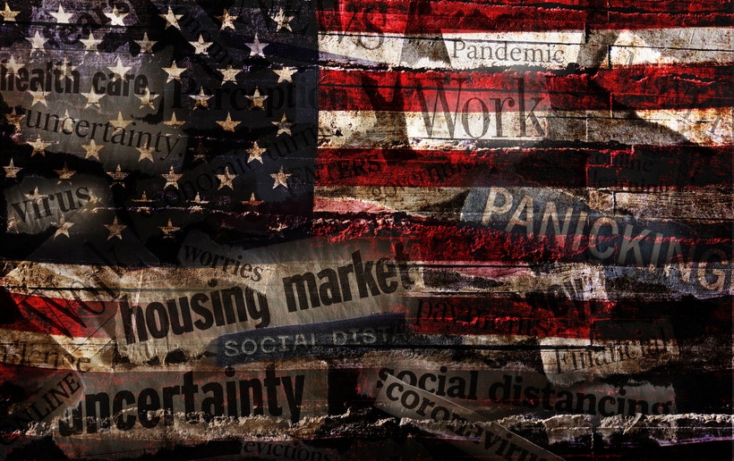 American flag with economic headlines