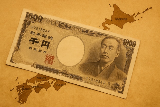 yen bank note over a map of Japan