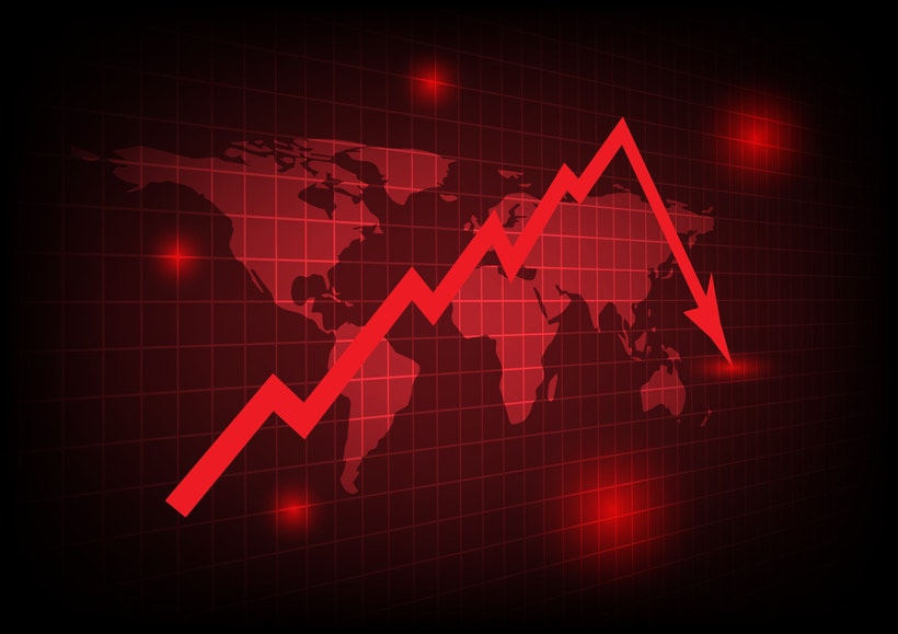 world map in red with declining chart overlaid