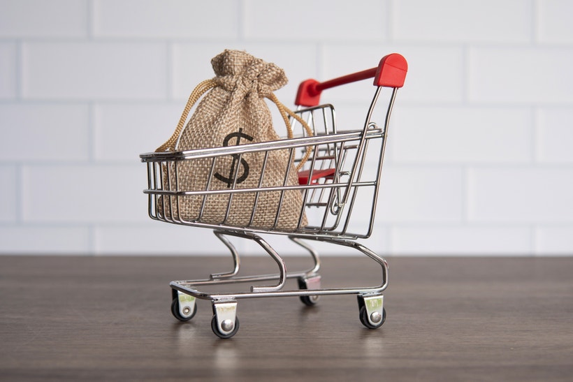 Shopping cart with money bag inside