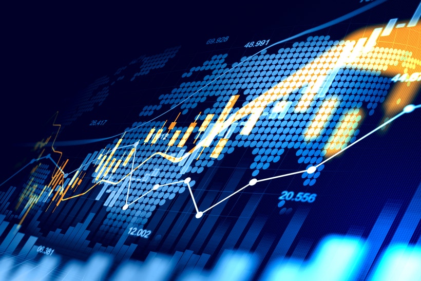 candlestick charts overlaid on a globe