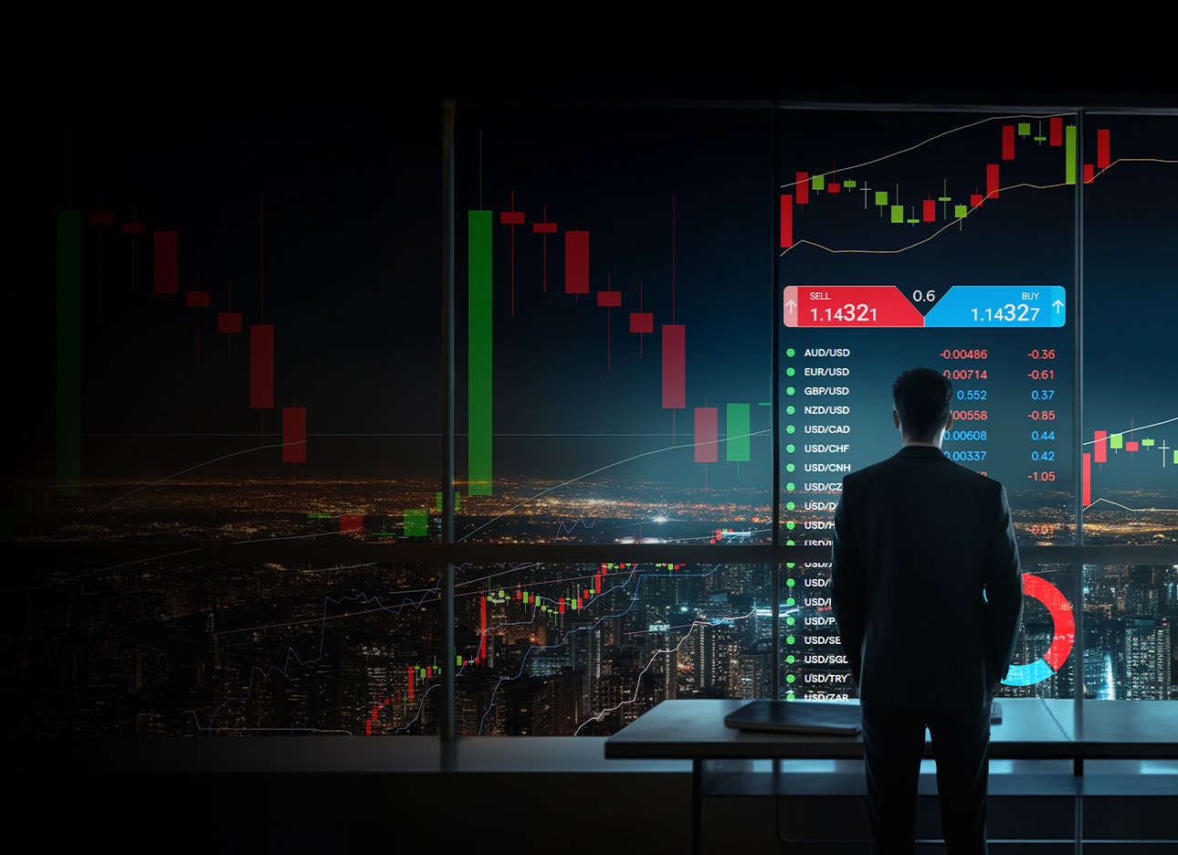 man looking out a window with trading platform features on the glass