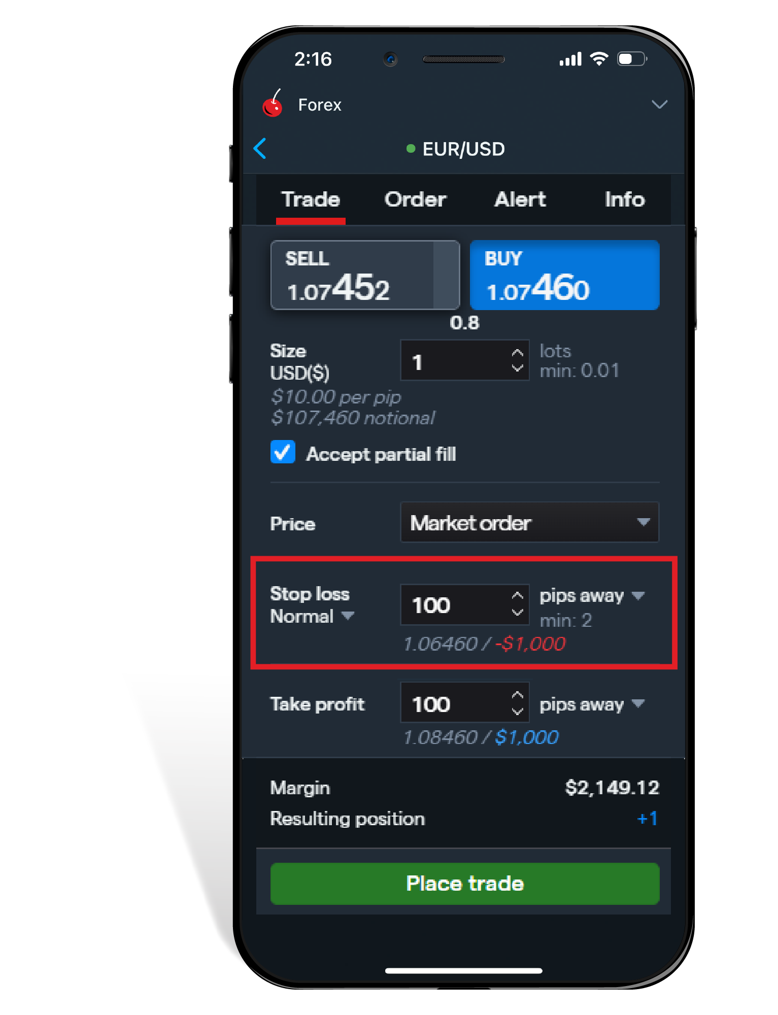 tastyfx platform on mobile app with stop loss section highlighted