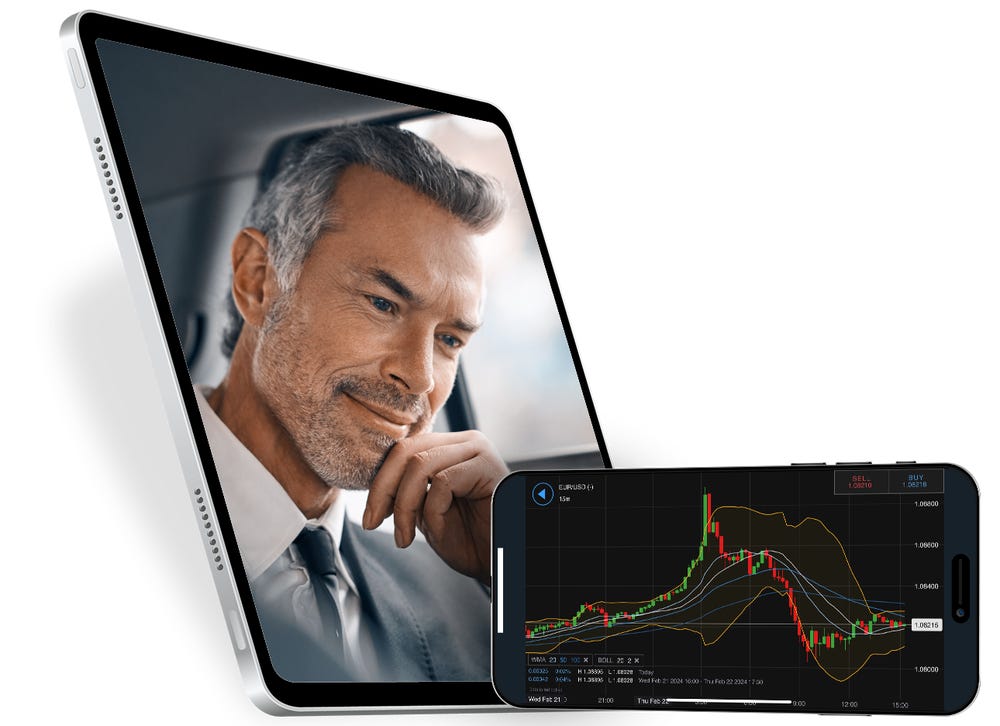 image of man on tablet and trading platform on mobile device