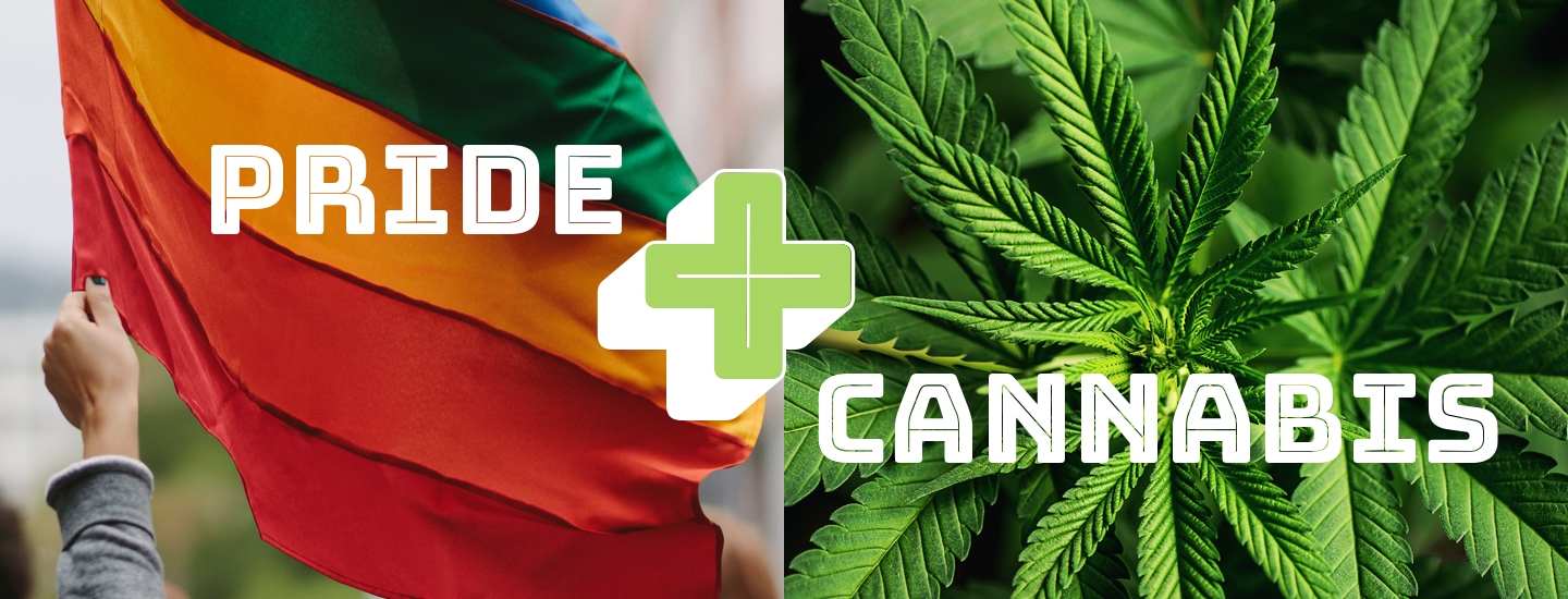 A split-image design featuring a rainbow Pride flag on the left and a close-up of a cannabis plant on the right, with the words 'PRIDE' and 'CANNABIS' in bold white letters and a green medical cross in the center.