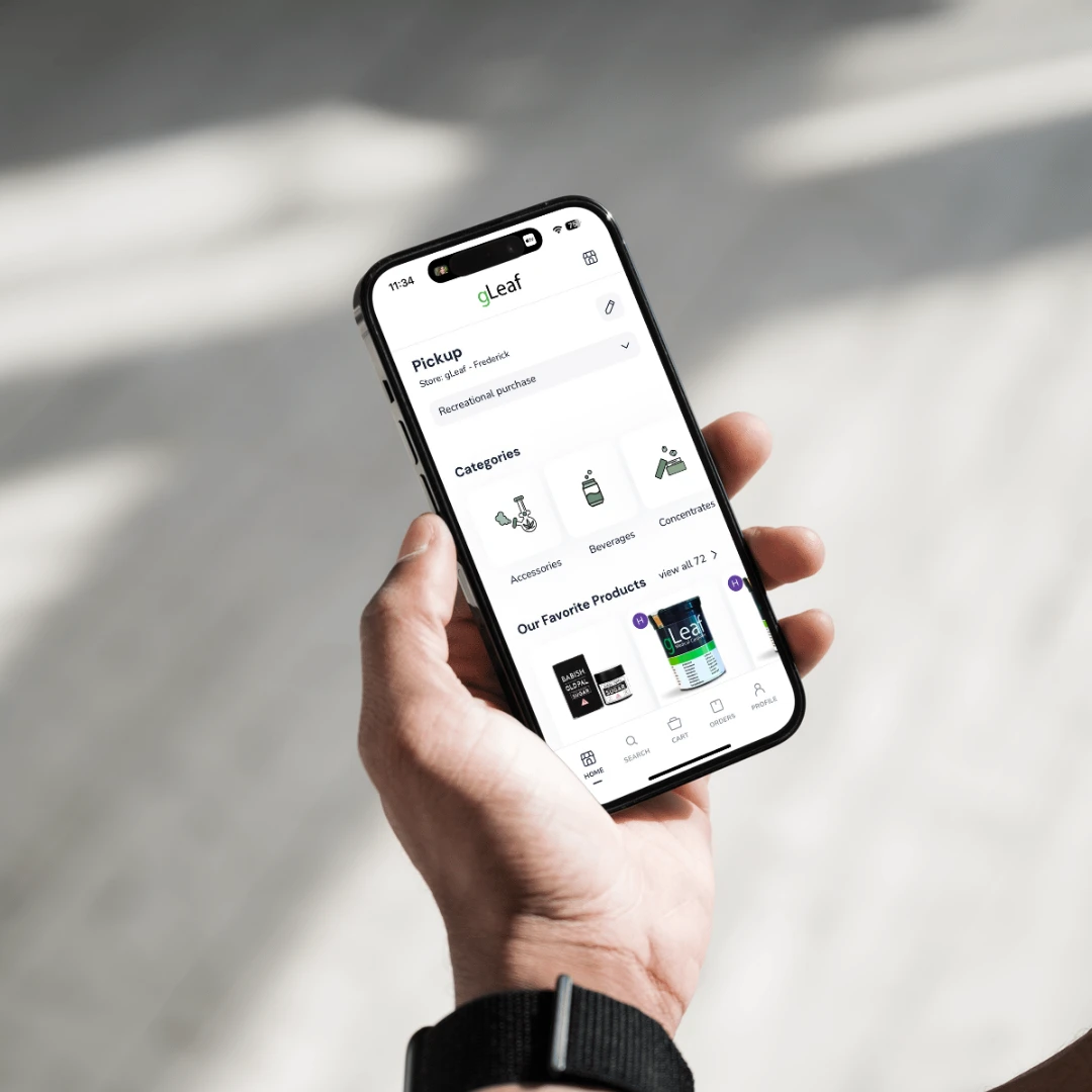 A person holding a smartphone displaying the Stash Cash+ app interface with the gLeaf store selected. The screen shows product categories like accessories, beverages, and concentrates, as well as featured cannabis products. The background is softly blurred with natural light casting shadows on the floor.