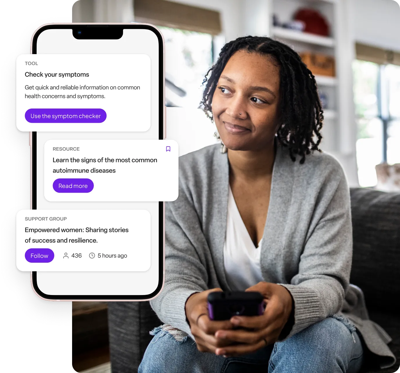 Person using health app featuring symptom checker and support groups on smartphone.