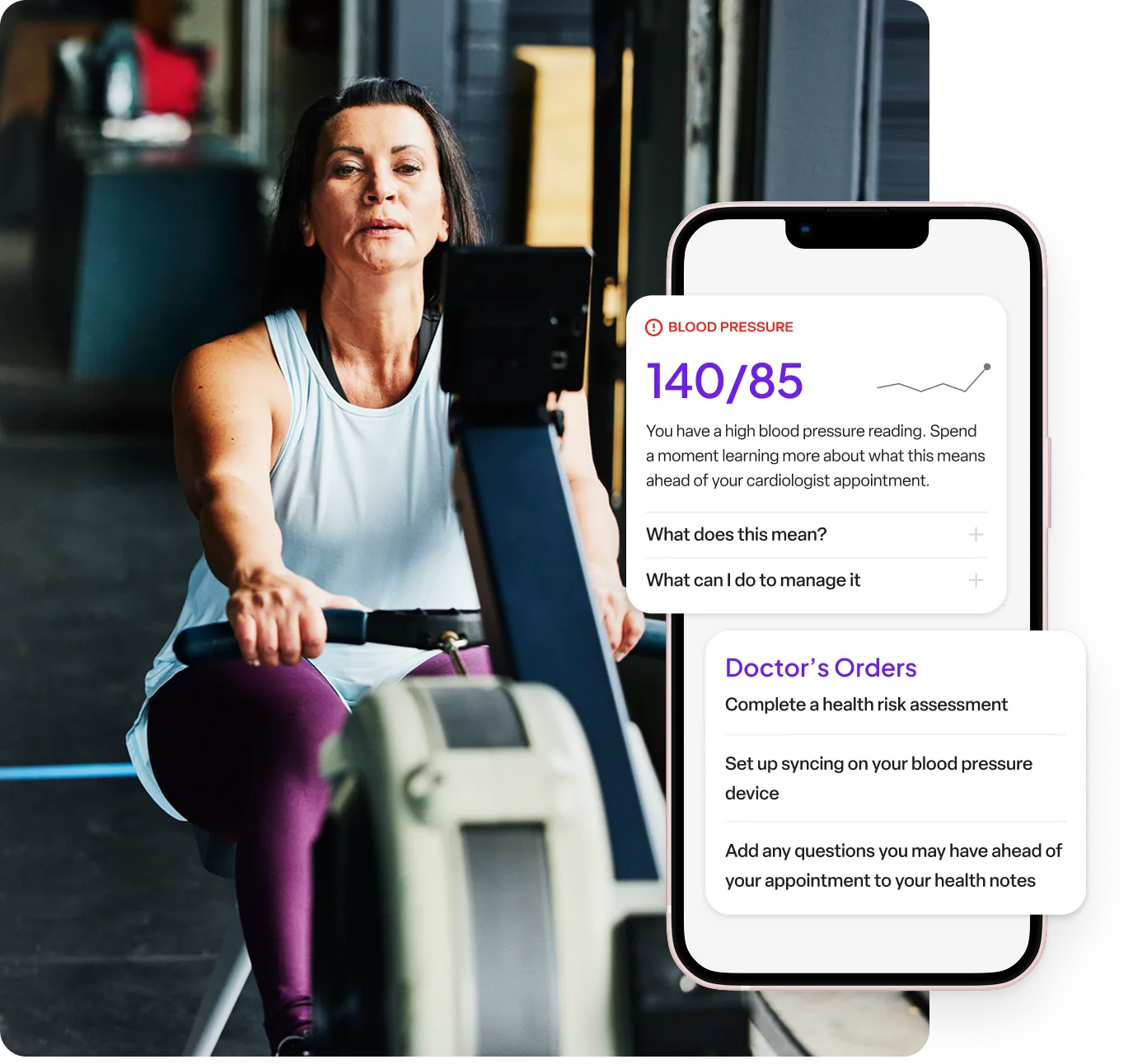 Person exercising on rowing machine with health app showing blood pressure monitoring and doctor's orders