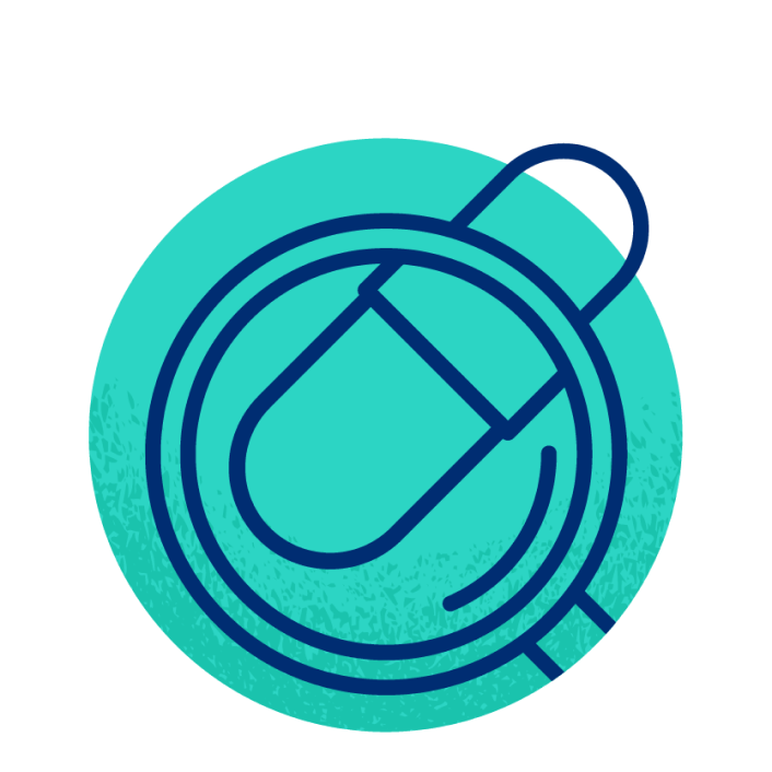 Magnifying glass over a prescription pill illustration indicating find a pharmacy locator in St. Luke's Health Plan network.