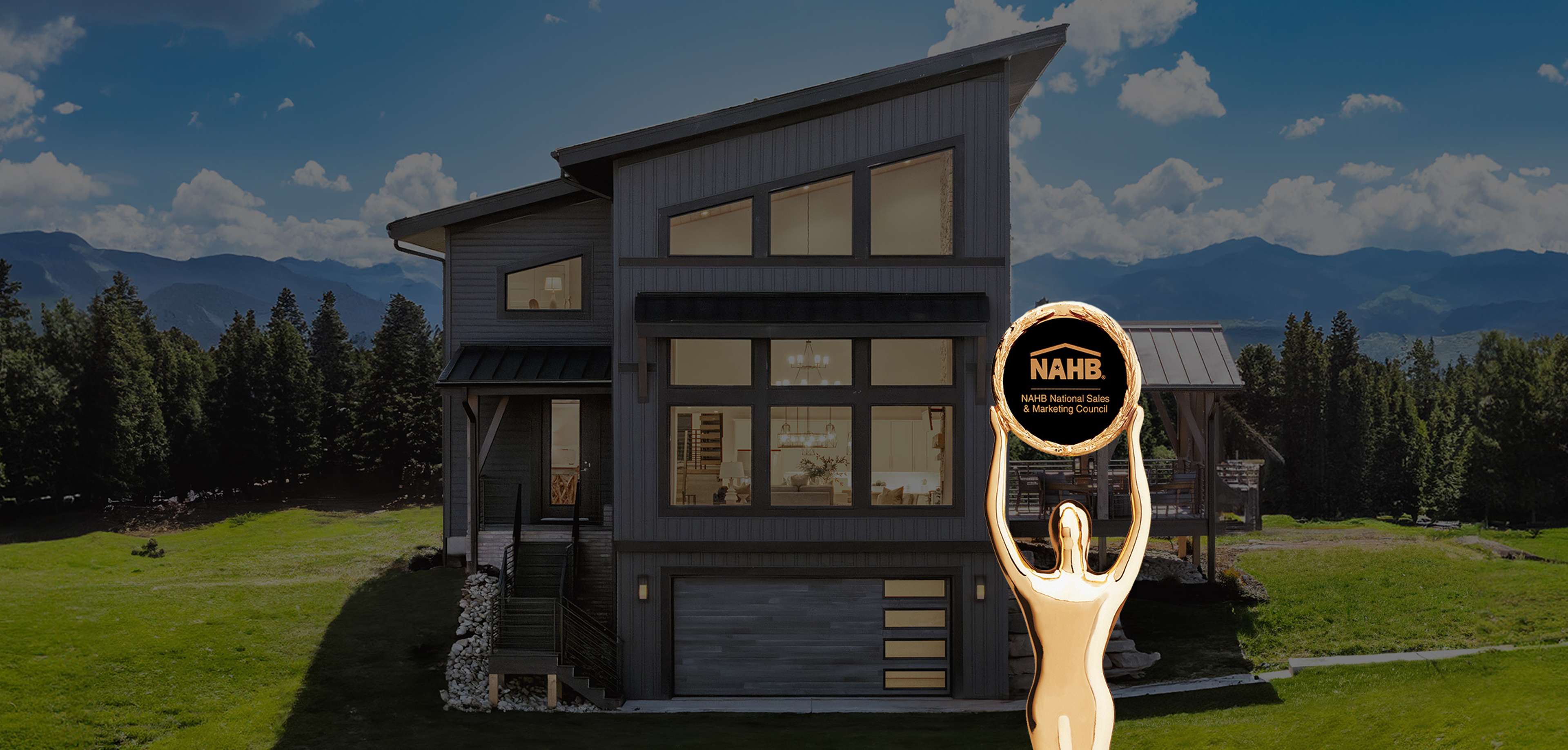 Black house with modern aesthetic. NAHB award in foreground