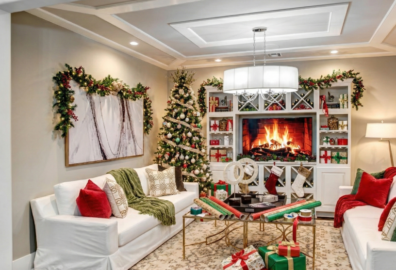 A cozy living room decorated for Christmas, featuring a lit fireplace, adorned tree, gifts, white sofas with red and green cushions, and festive garlands.