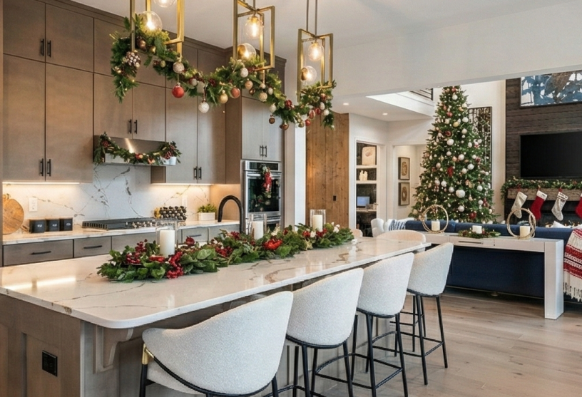 A modern living room and kitchen decorated for Christmas. Features a large tree, stockings by the TV, and dining area adorned with garlands and ornaments.