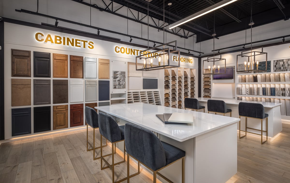 Design studio with cabinet samples, countertops and flooring. 
