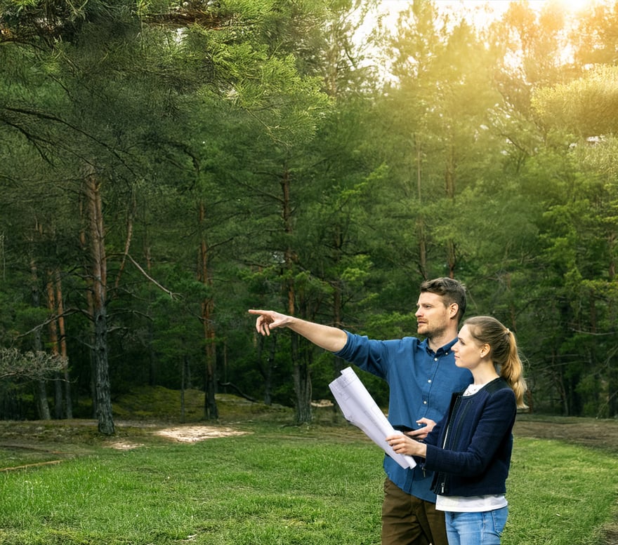 A man points while standing with a woman in a grassy clearing near a forest. They both hold a construction plan.