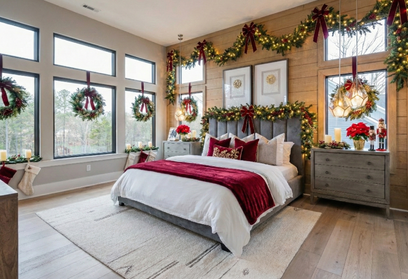 A cozy, festive bedroom with large windows, wreaths, and garlands adorned with red bows and lights. A bed with red and white bedding adds warmth.
