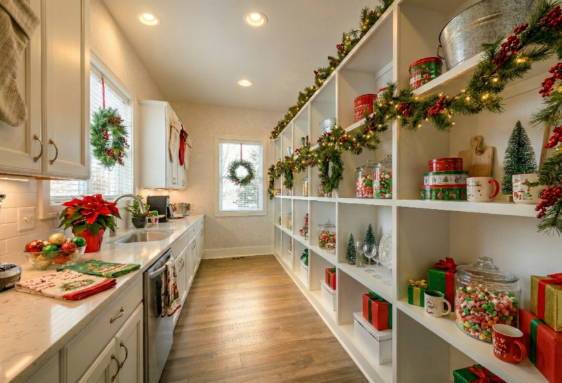 Festive kitchen with white cabinets and shelves adorned with garlands, wreaths, and holiday decor. Presents and treats add vibrant pops of red and green. Warm ambiance.