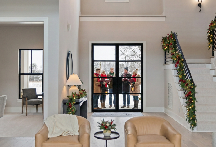 Interior with Christmas decor; garlands on stairs. Outside, a group of carolers stand by large doors, singing. Cozy chairs and festive flowers inside.