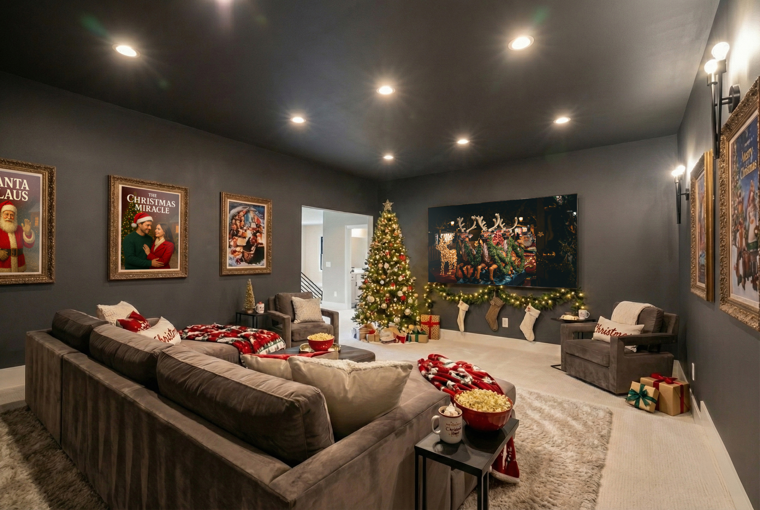 Cozy home theater room with gray walls, featuring a Christmas tree, festive decorations, plush seating, and holiday movie posters, creating a warm, inviting atmosphere.
