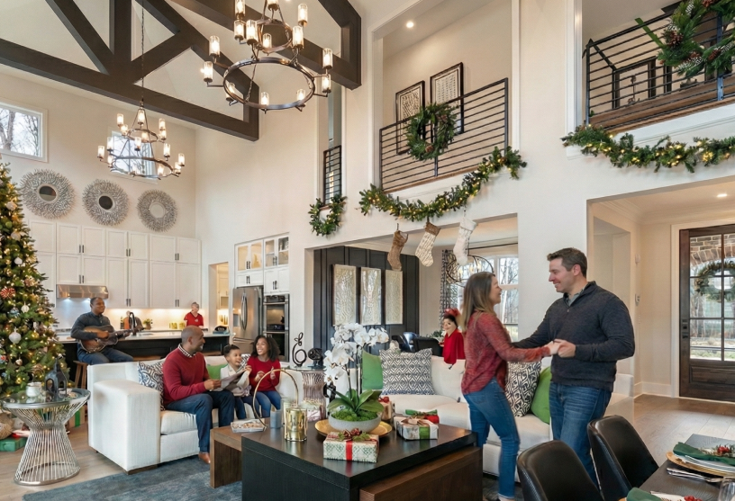 A festive living room with a tall Christmas tree, wrapped gifts, and garlands. Family members connect warmly on a couch and near a dining table.