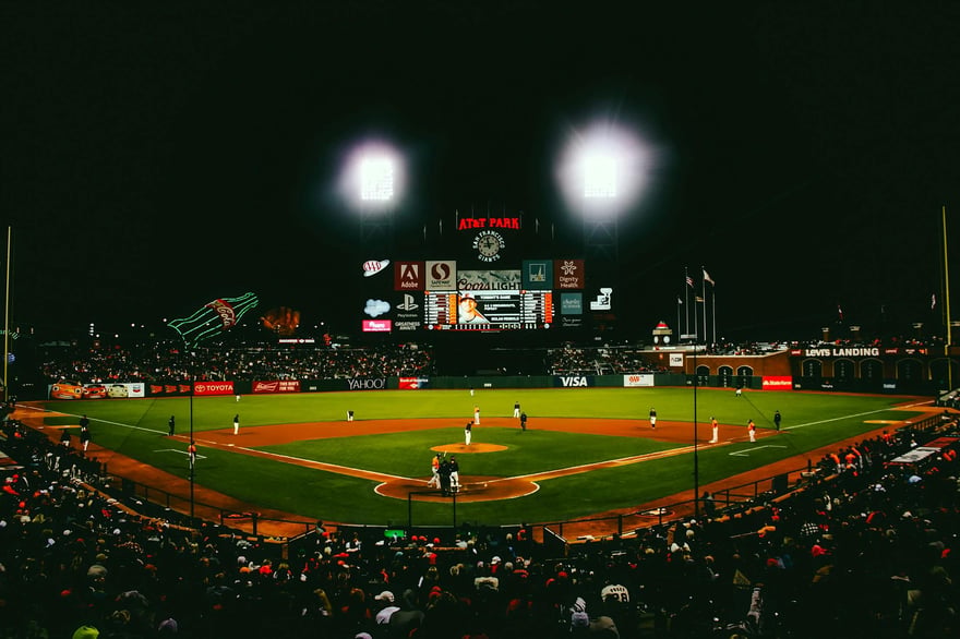 Night view of a baseball game.