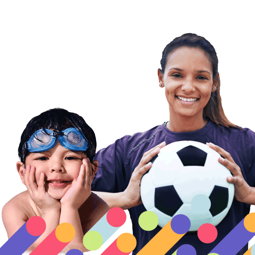 A child wearing swimming goggles and a teenager holding a soccer ball.