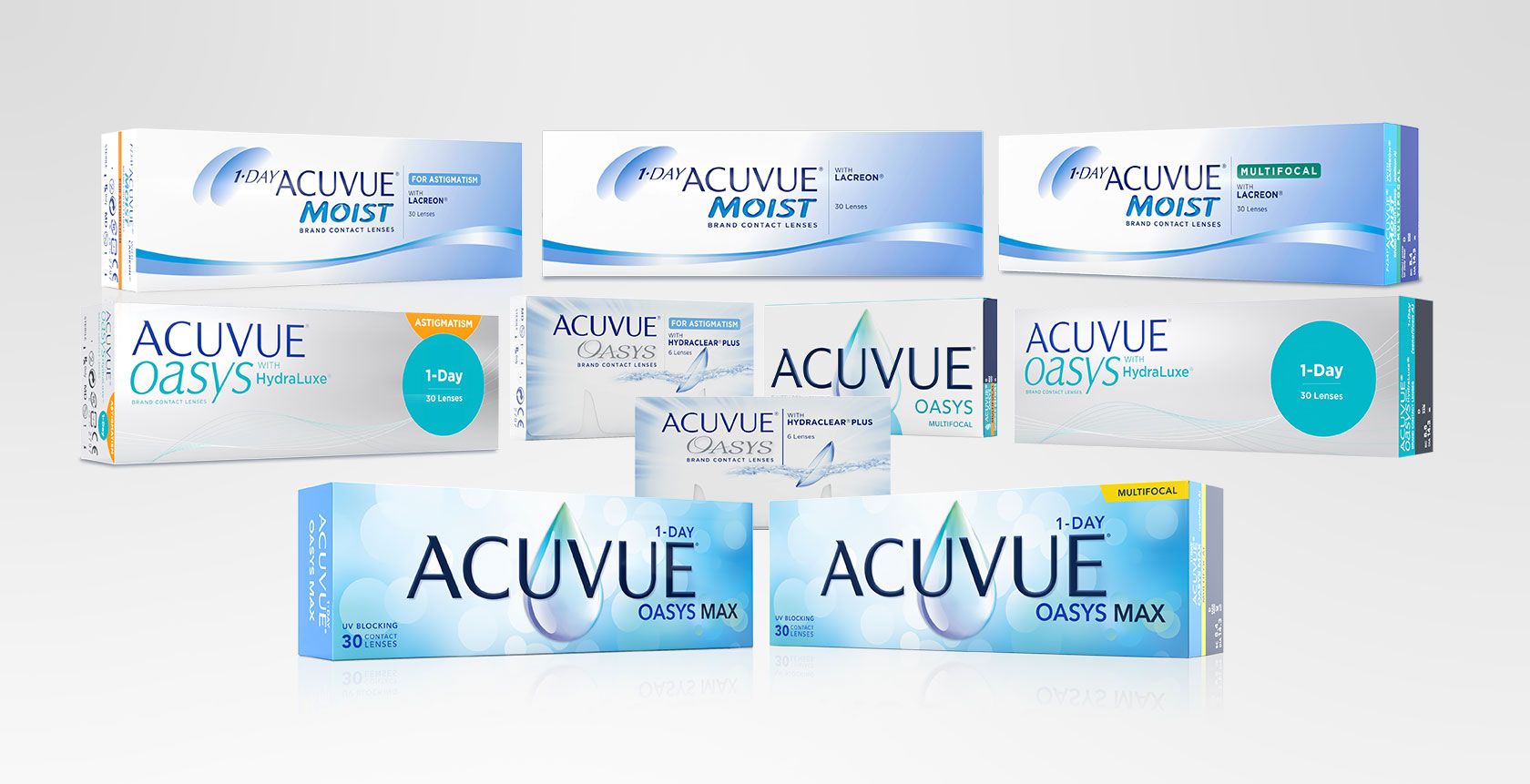 Immagine composta da 2 confezioni di ACUVUE® OASYS MAX 1-DAY su sfondo blu navy
