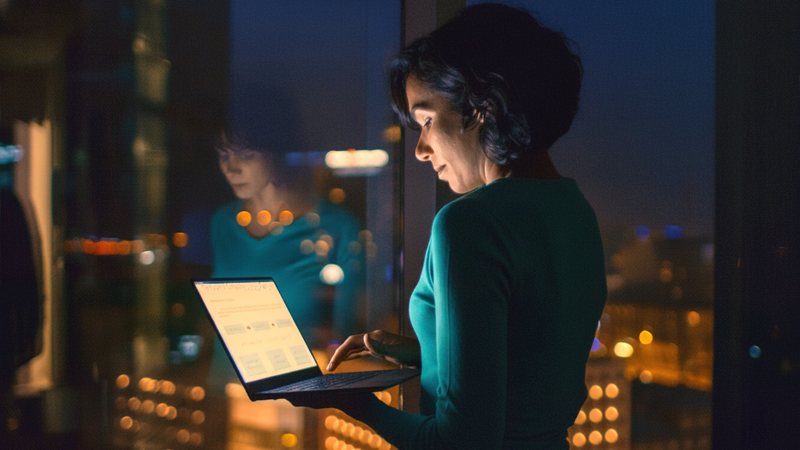 Donna guarda lo schermo del pc portatile in una stanza con le luci molto basse