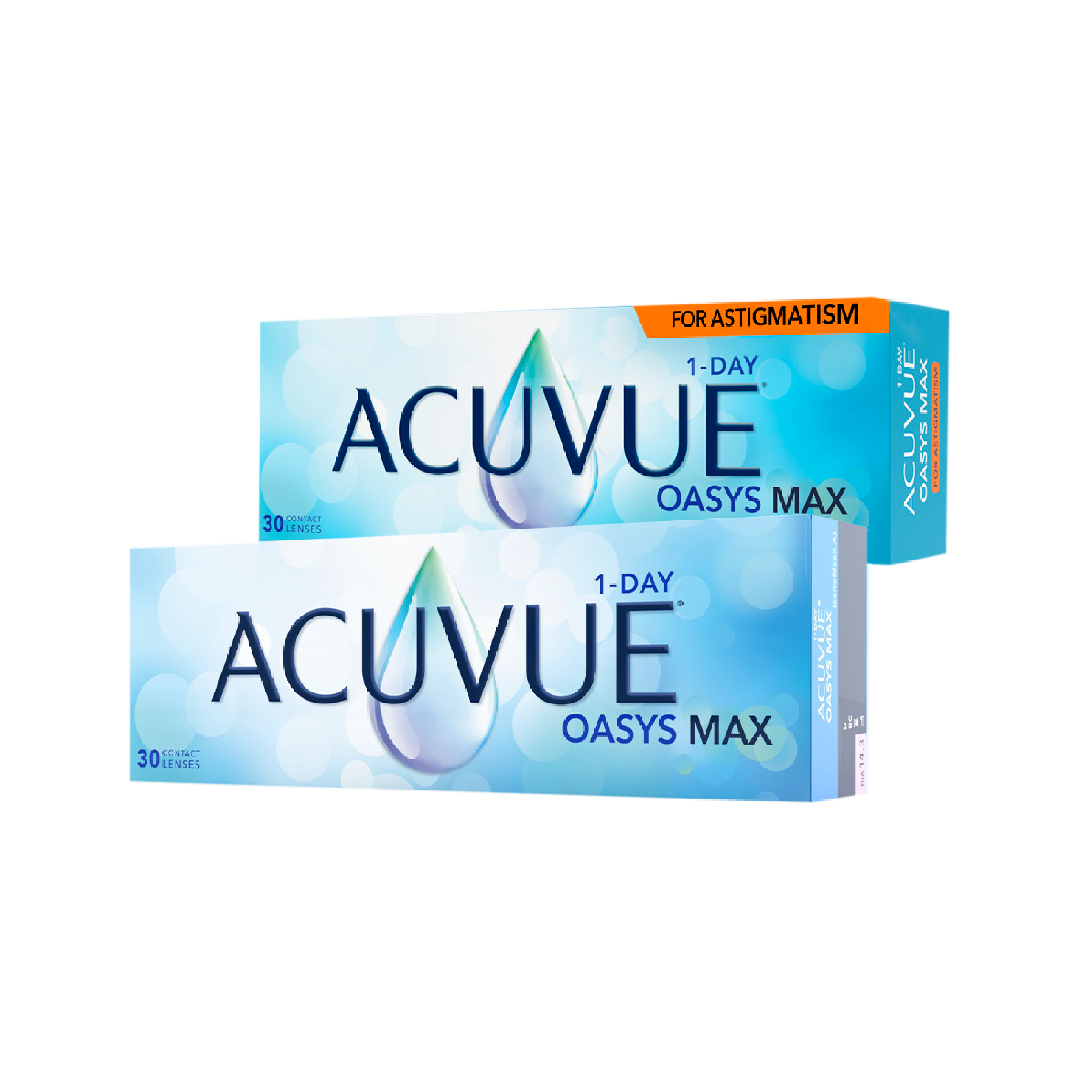 Packshots da família ACUVUE OASYS MAX, incluindo os 2 novos produtos MAX