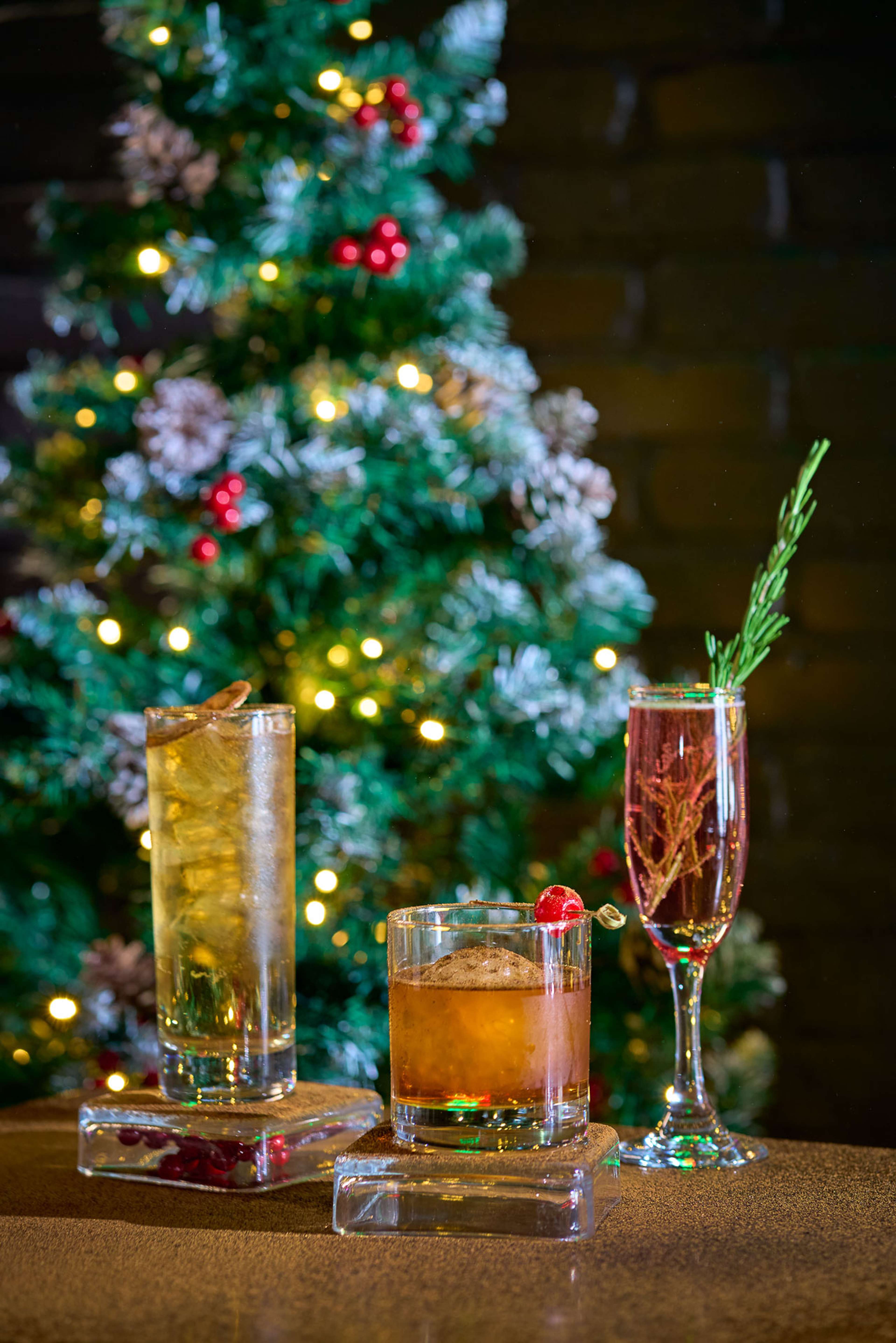 Holiday cocktails by the tree