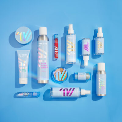 Varsity Beauty products, including lip gloss, hair spray and eyeshadow