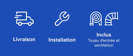 Livraison, installation de la laveuse et tuyau d'admission et trousse de ventilation inclus.