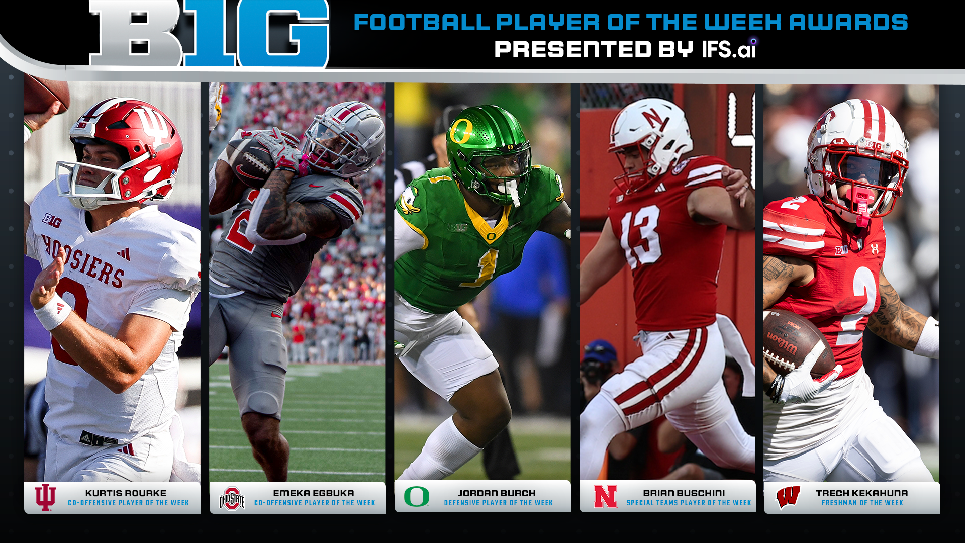 Indiana, Nebraska, Ohio State, Oregon and Wisconsin Earn Weekly Football Honors