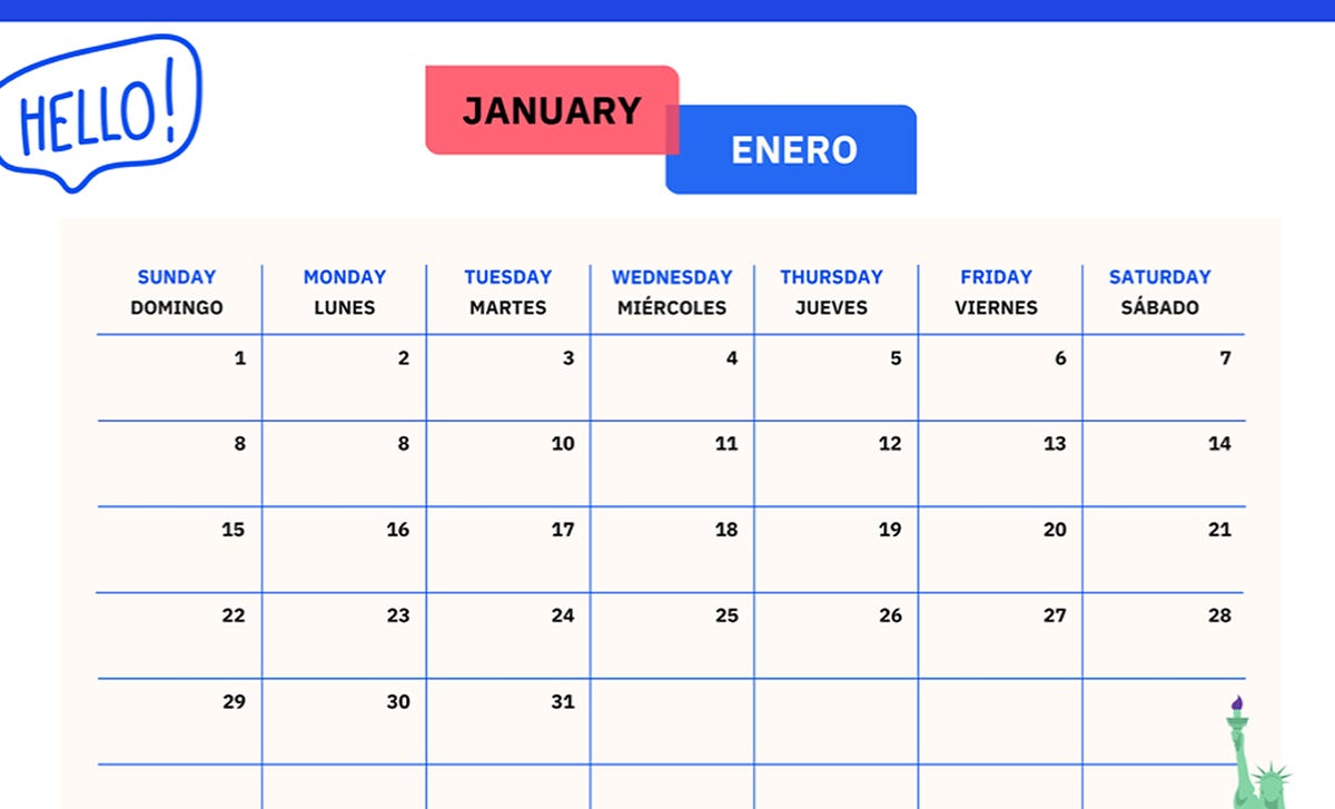 Calendario en inglés 2023