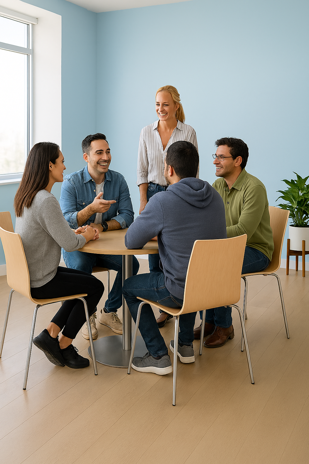 Dos trabajadores hablando sobre empleos.