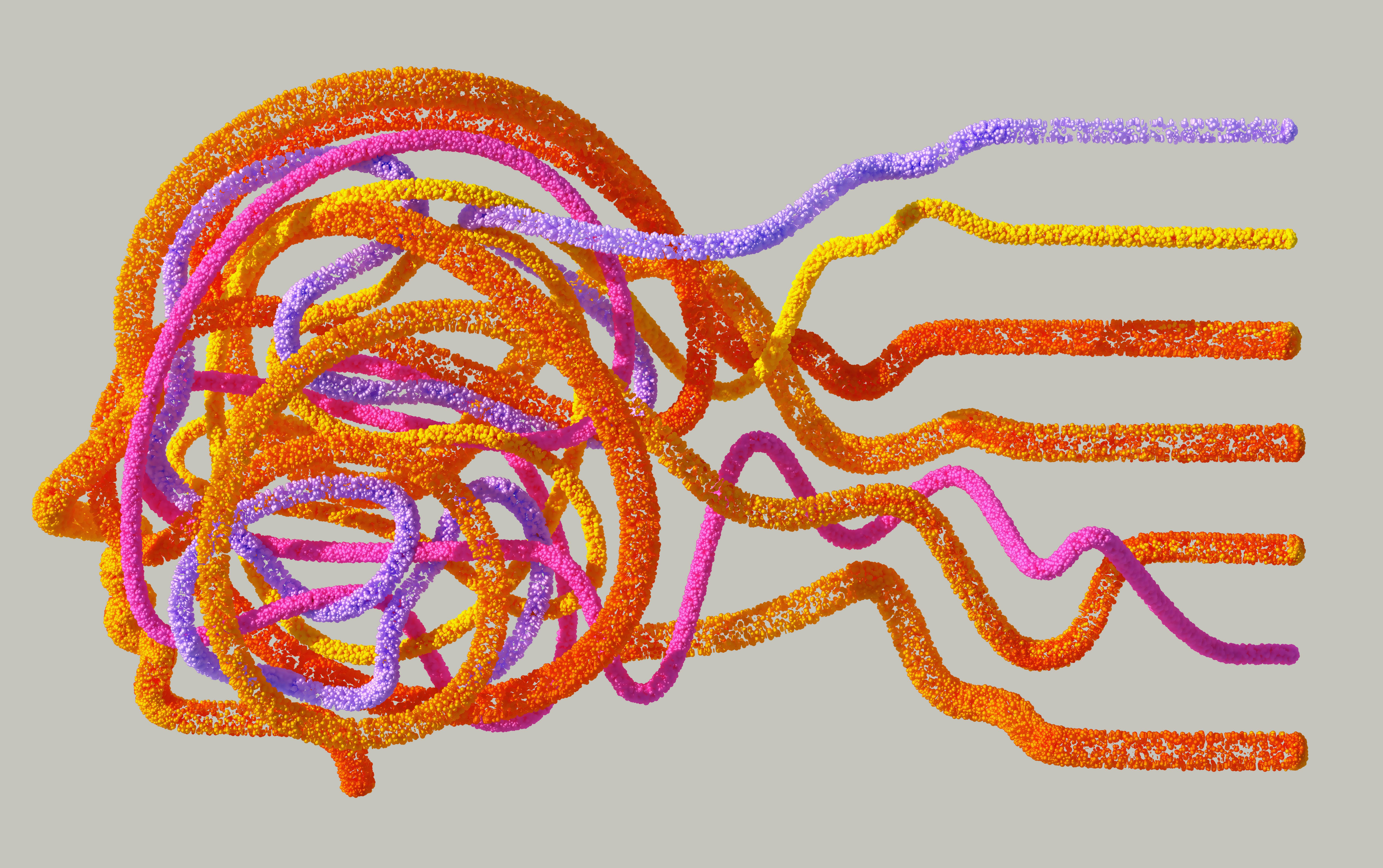 Ilustración de líneas de colores que forman una figura similar a un cerebro al cambiar de idioma, con trazos que se extienden hacia la derecha.