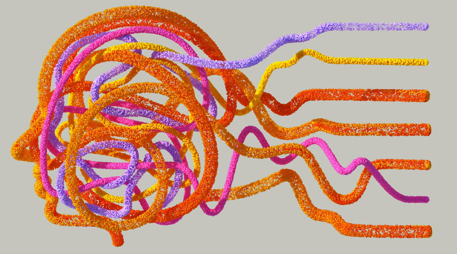 Ilustración de líneas de colores que forman una figura similar a un cerebro al cambiar de idioma, con trazos que se extienden hacia la derecha.