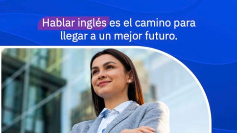 Mujer profesional proyectando confianza, junto al mensaje "Hablar inglés es el camino para llegar a un mejor futuro", en una pieza promocional de Berlitz.