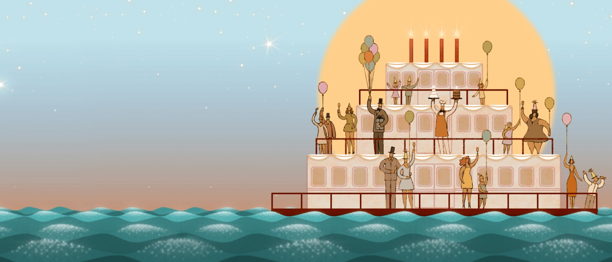 A river boat decorated with balloons with people waving.