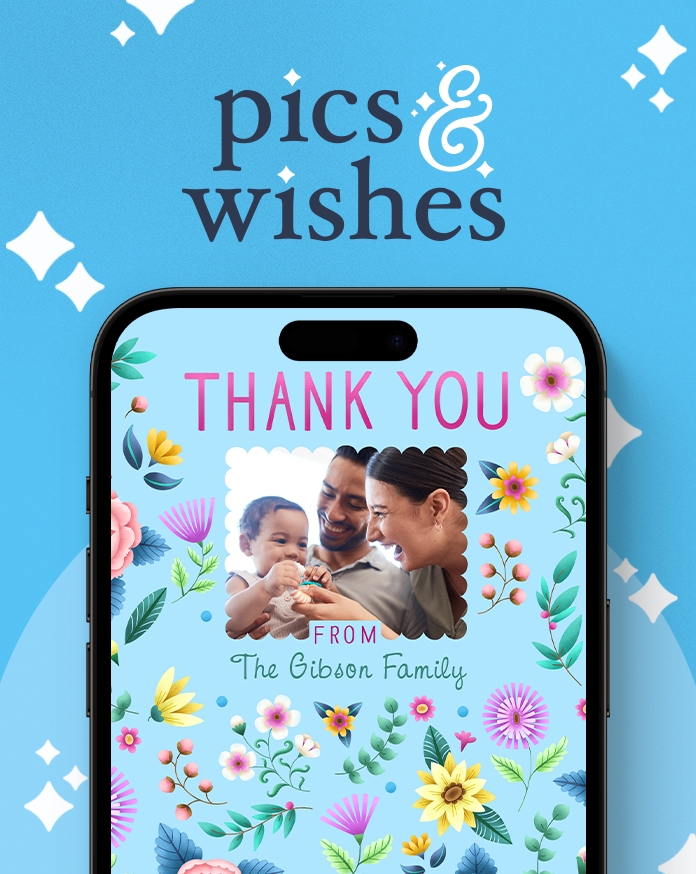 Image of a Pics and Wishes newsletter featured in the American Greetings Ecards App, in a mobile device.