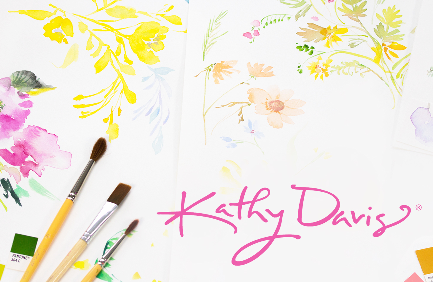 Kathy Davis logo with floral painted art and art brushes