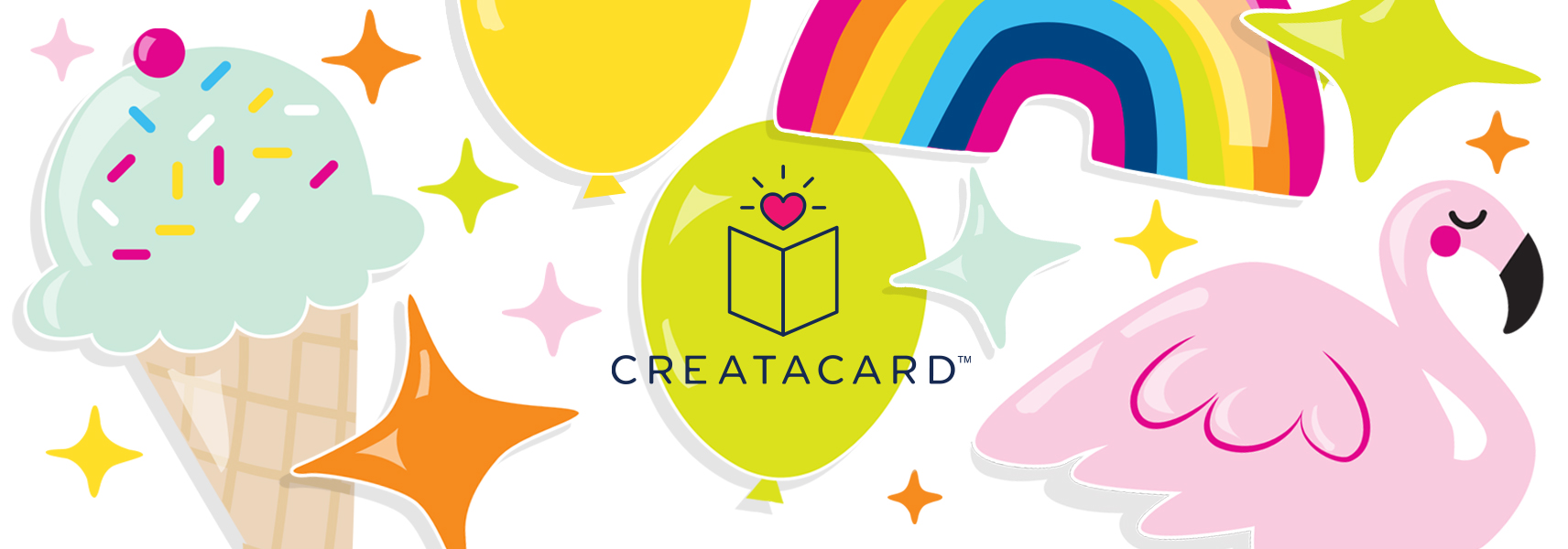 Creatacard brand banner with balloons, stars and rainbows.