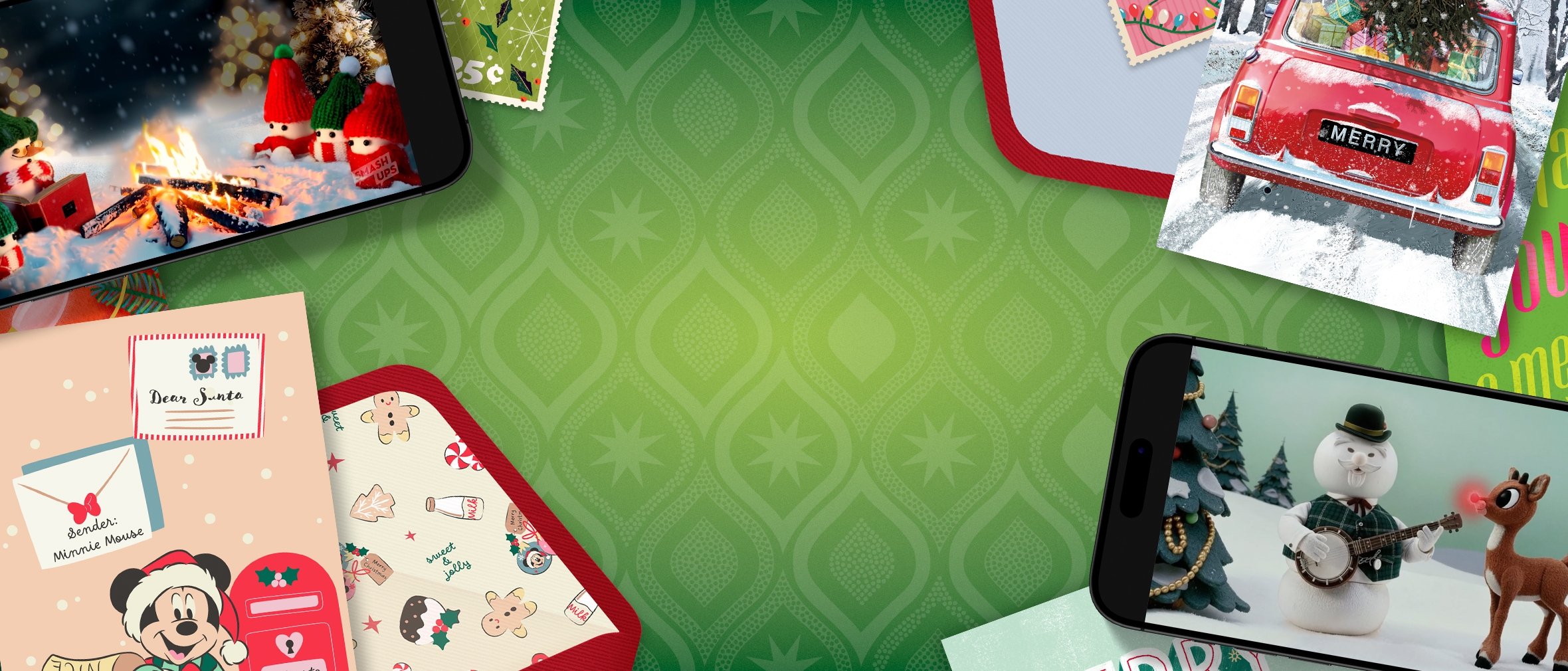 Green Holiday background featuring new Christmas ecards