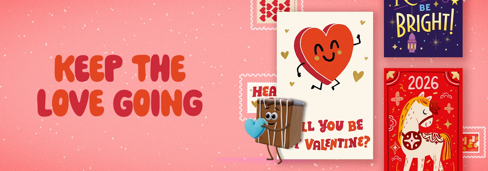 Keep The Love Going text featuring Valentine's Day cards and upcoming holiday cards